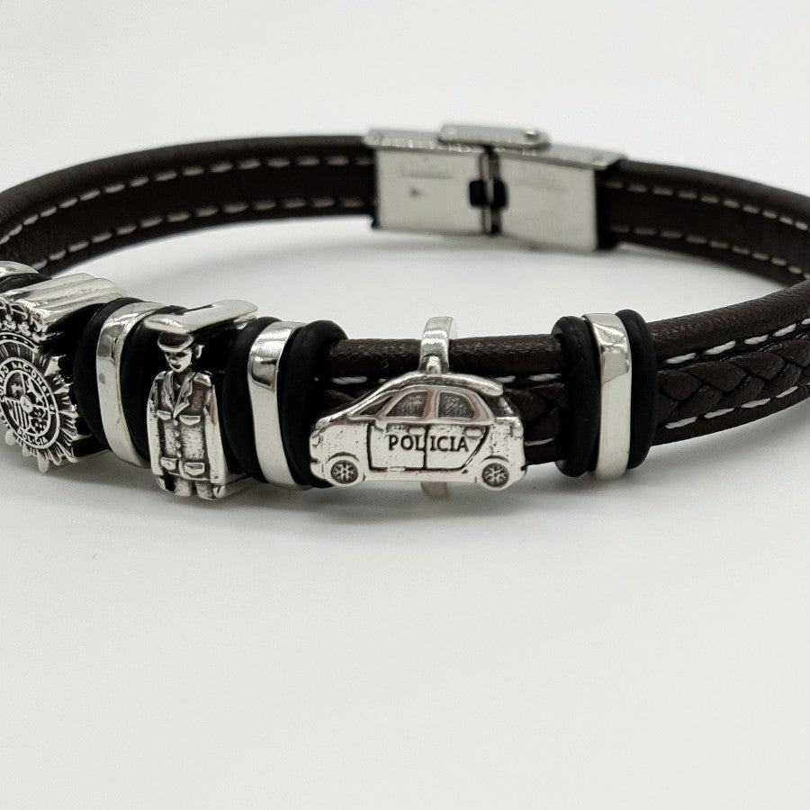 Pulsera de piel negra y plata de policía
