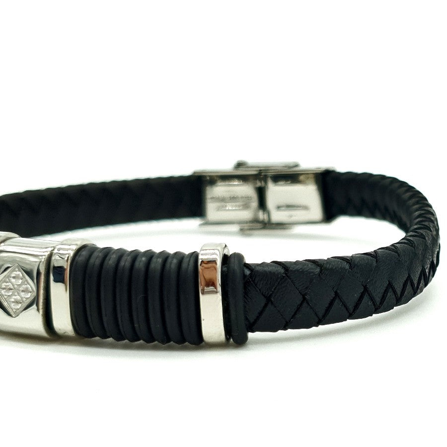 Pulsera de cuero negro trenzado y acero