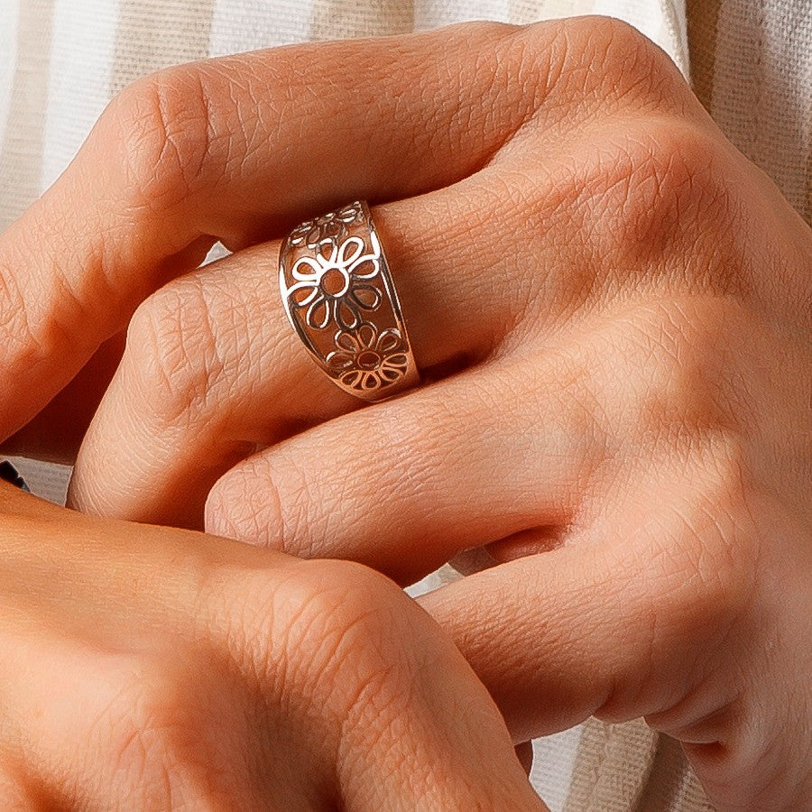 Anillo plata de ley calado flores