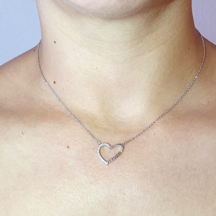 Collar de plata y circonitas corazón de mamá