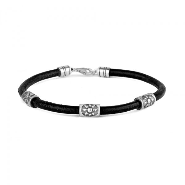 Pulsera cuero negra soles plata