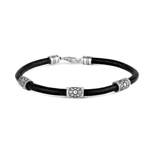 Pulsera cuero negra soles plata 