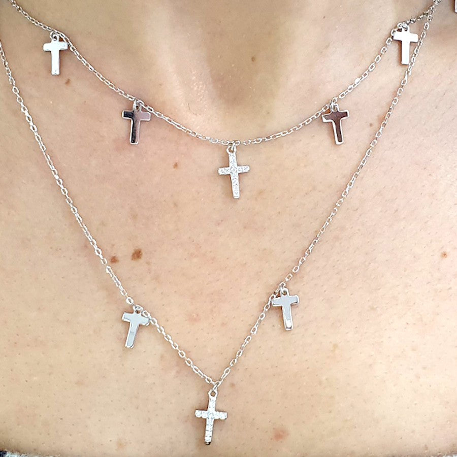 Collar doble cadena de plata con cruces